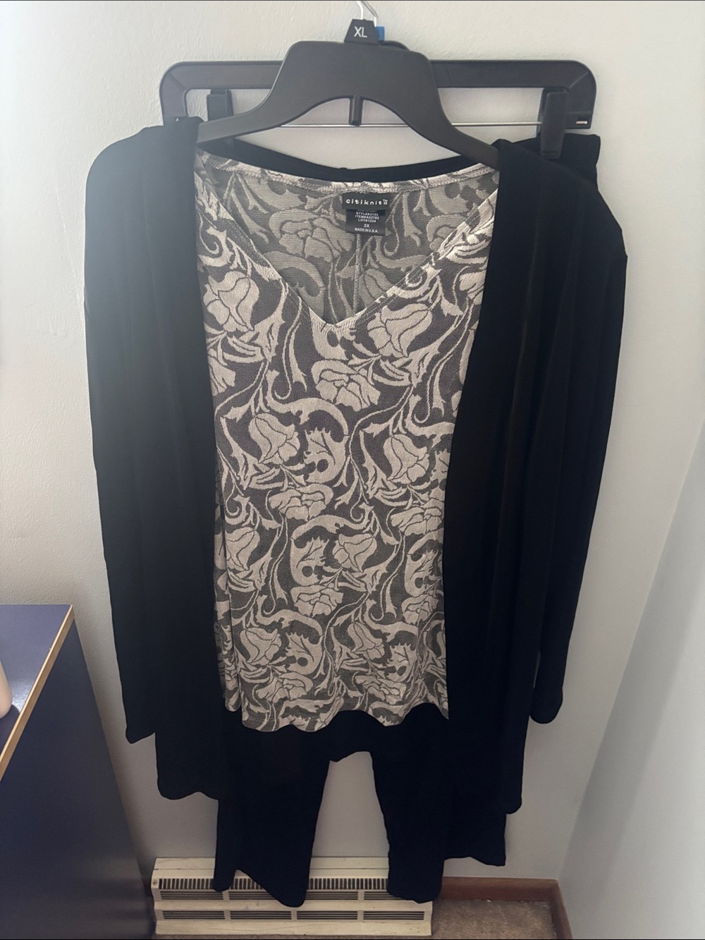 Citiknits QVC Dead StBlack Open-Front Cardigan with Patterned Shell and Pants